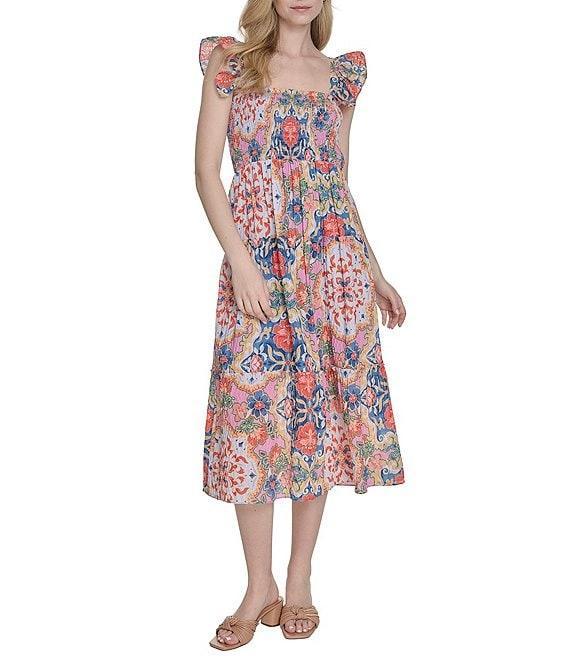 Vince Camuto Placement Print Square Neck Sleeveless Tiered Midi Dress Product Image