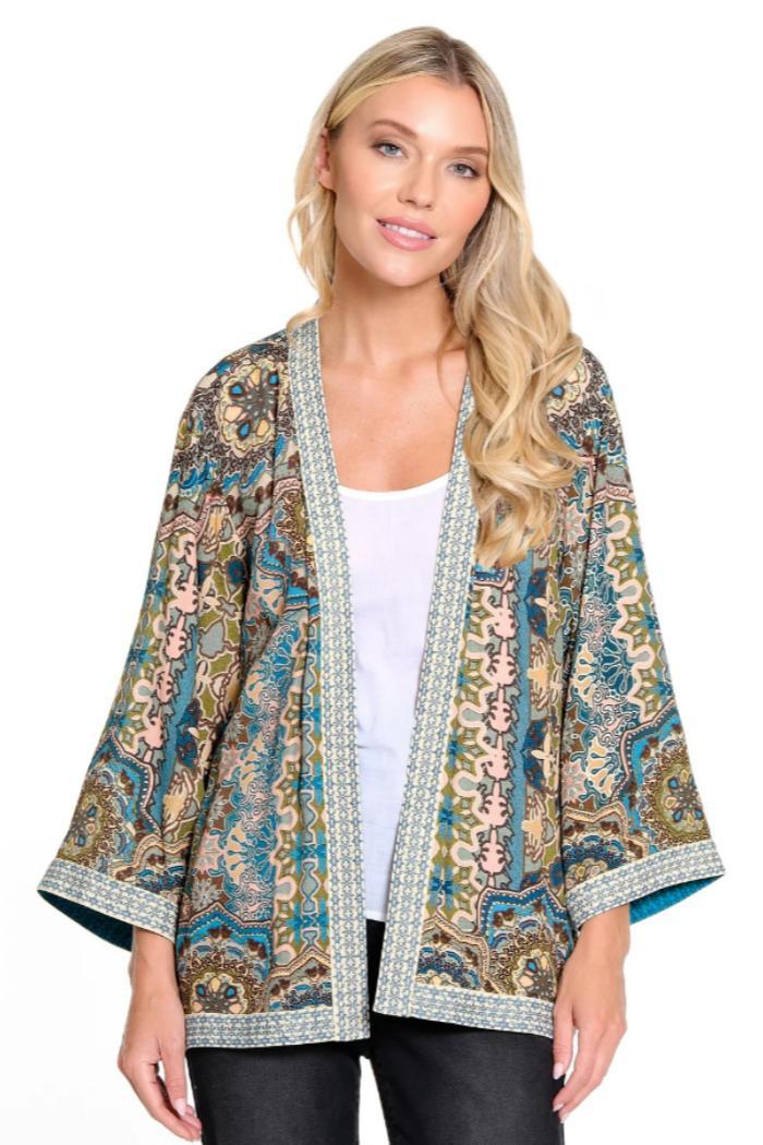 Teal Green Printed Hi Low Kimono w/ Emb Product Image