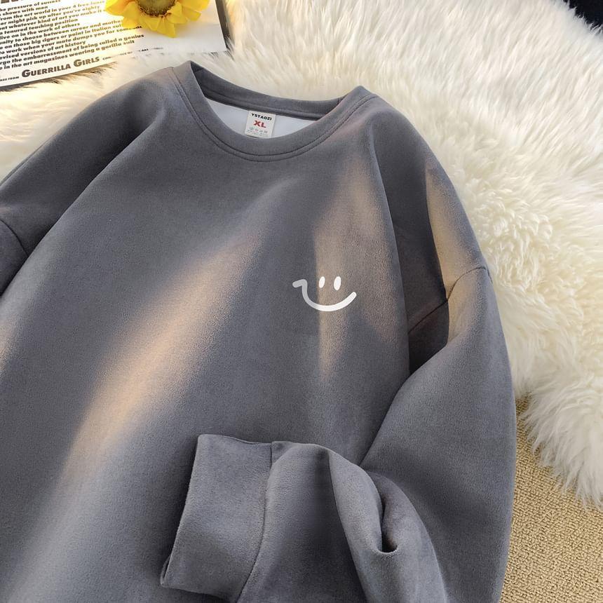 Crewneck Drop Shoulder Smiley Print Sweatshirt Product Image