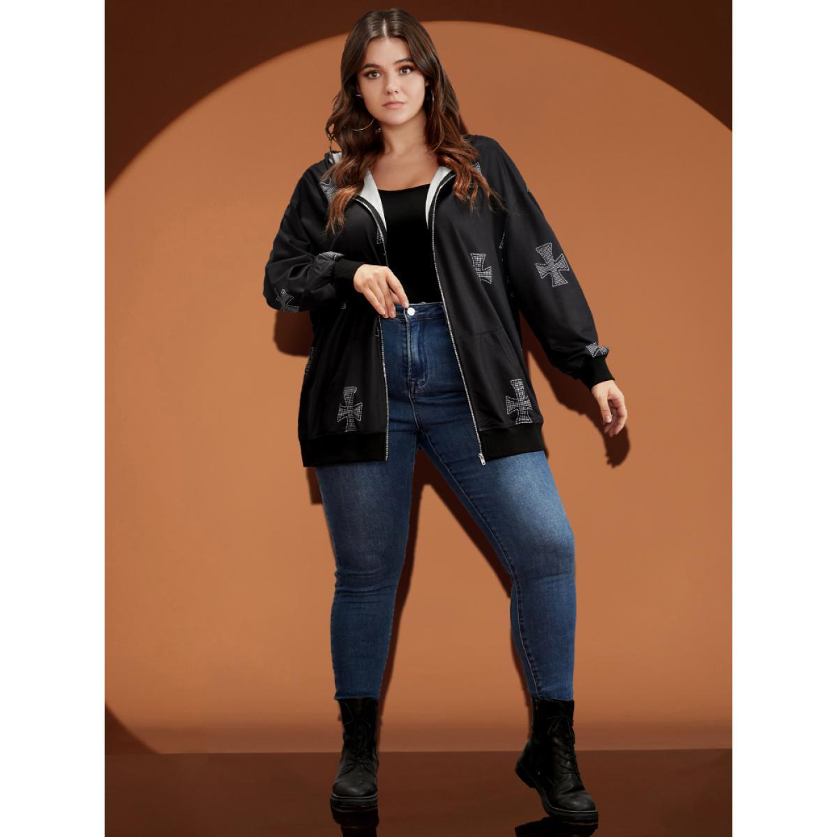 Plus Size Halloween Pocket Zipper Hooded Sweatshirt Women Black Casual Zipper Hooded Dailywear Sweatshirts BloomChic 28/5X Product Image