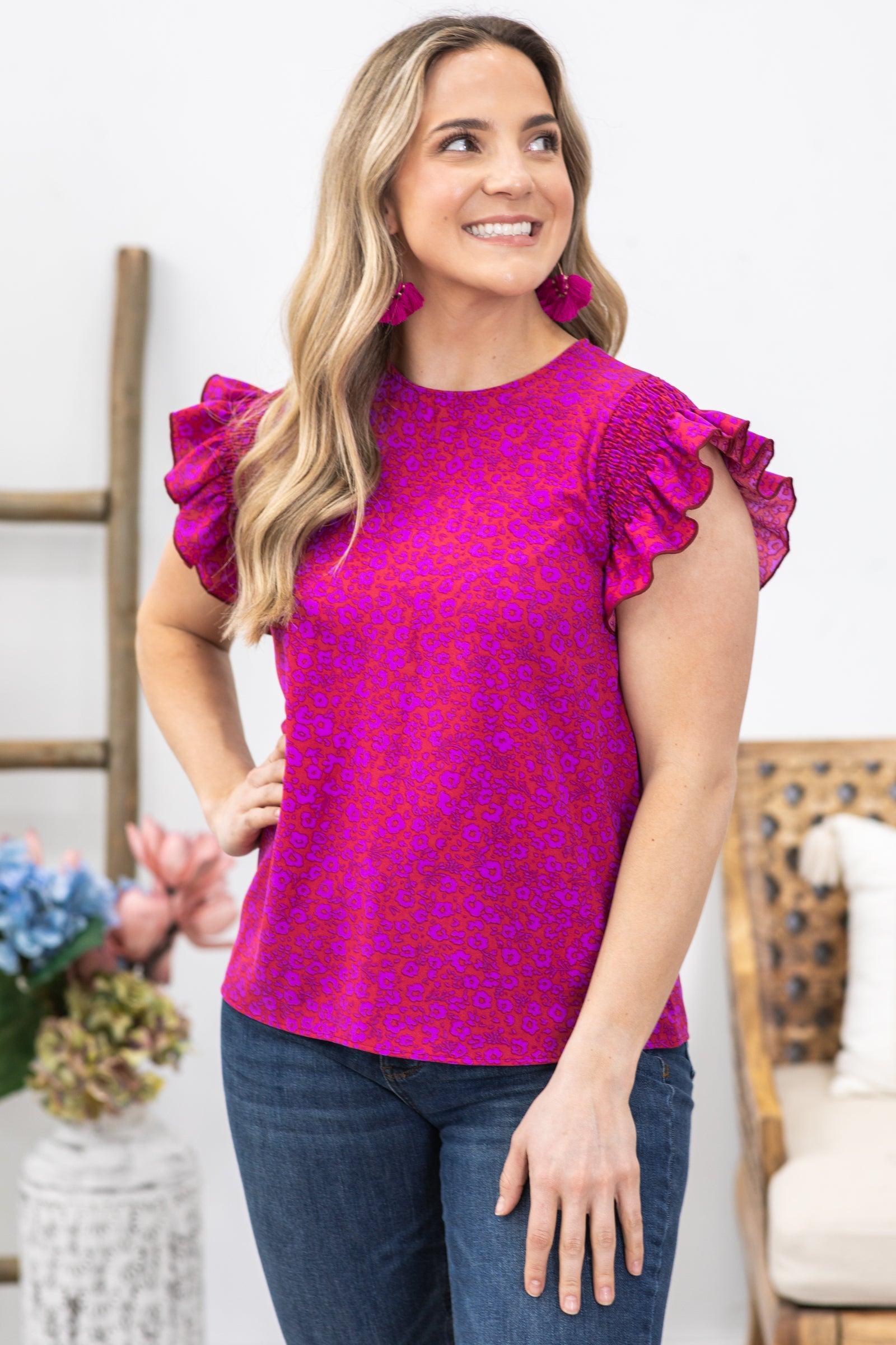 Raspberry Smocked Ruffle Sleeve Woven Top Product Image