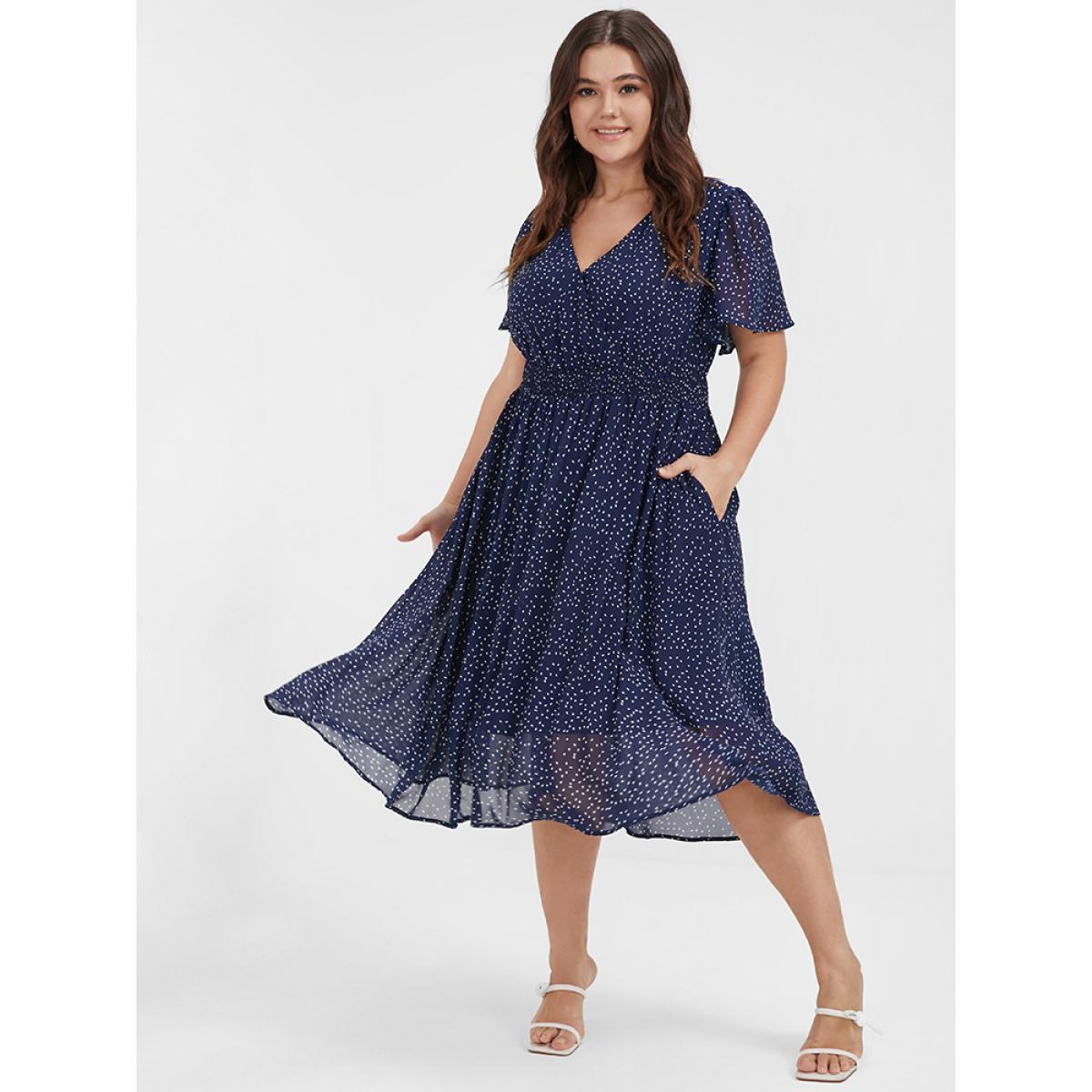 Polka Dot Button Pocket Shirred Ruffles Wrap Dress Product Image