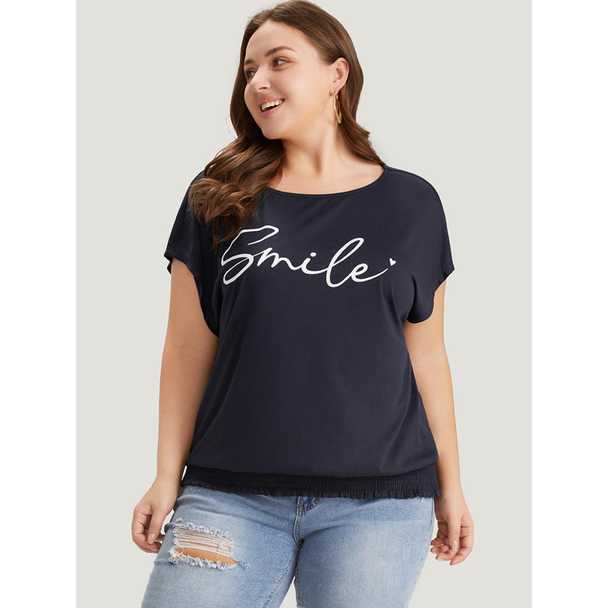 Plus Size Letter Print Batwing Sleeve Shirred Hem T-shirt DarkBlue Women Casual Printed Letter Dailywear T-shirts BloomChic 12/L Product Image