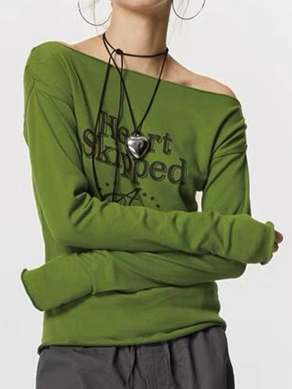 Off Shoulder Letter Print Long Sleeve Tee Product Image