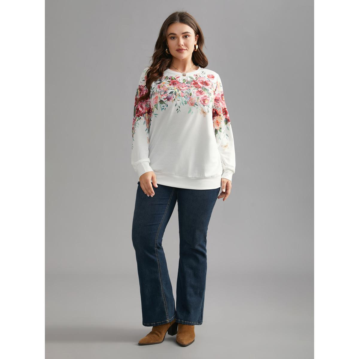 Plus Size Watercolor Floral Print Round Neck Sweatshirt Women WhiteSmoke Elegant Contrast Loose Round Neck Everyday Sweatshirts BloomChic 12/L Product Image