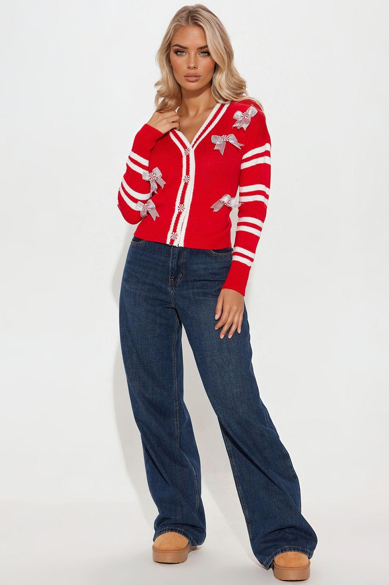 Peppermint Time Cardigan - Red/combo Product Image