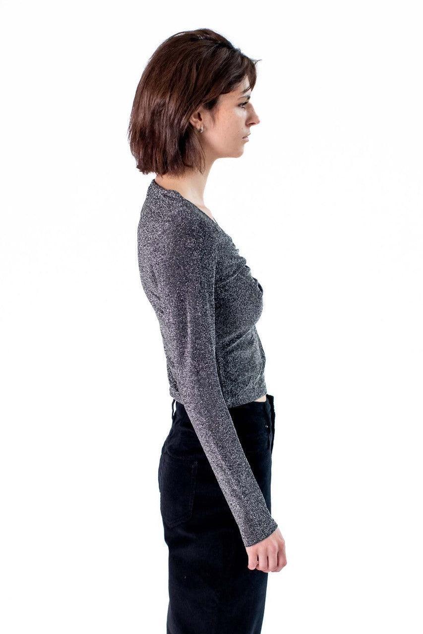 Silver Sparkle Long Sleeved Cutout Top Product Image