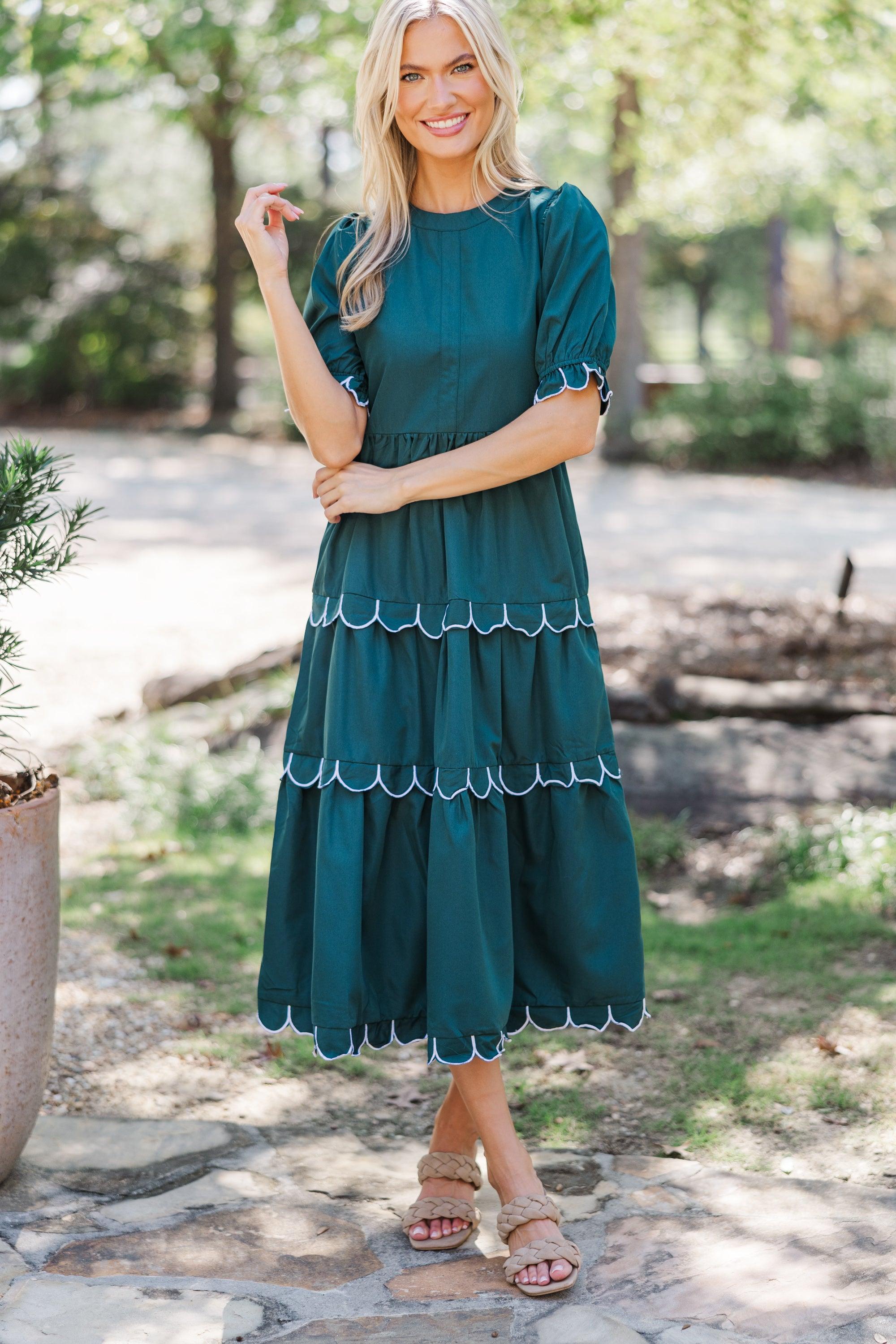 Making It Happen Hunter Green Scalloped Midi Dress Female Product Image