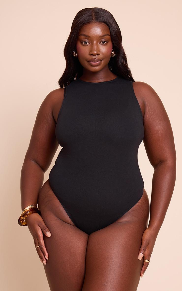Plus Black Soft Cotton Racer Sleeveless Bodysuit Product Image