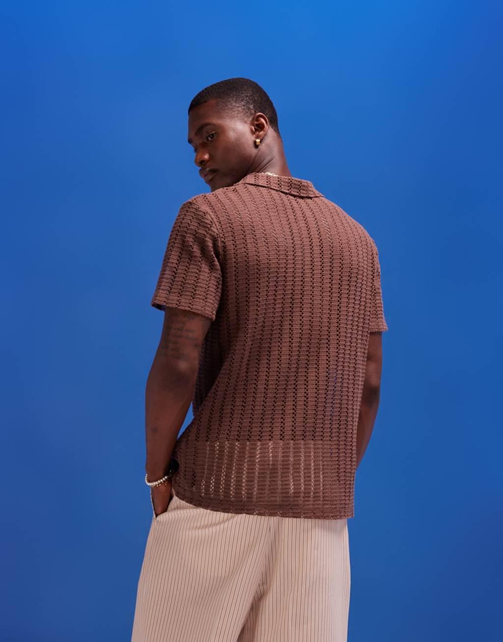 ASOS DESIGN polo shirt in brown crochet fabric Product Image