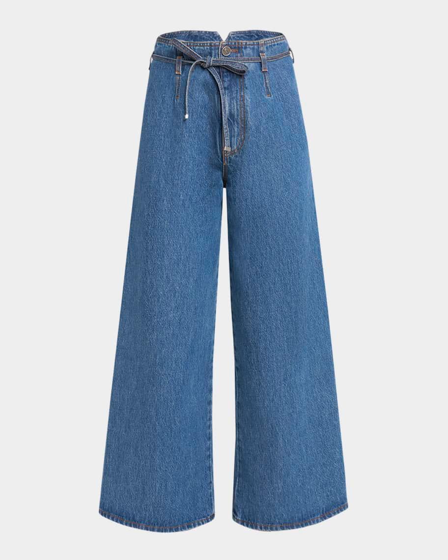 Belted Wide-Leg Crop Denim Trousers Product Image