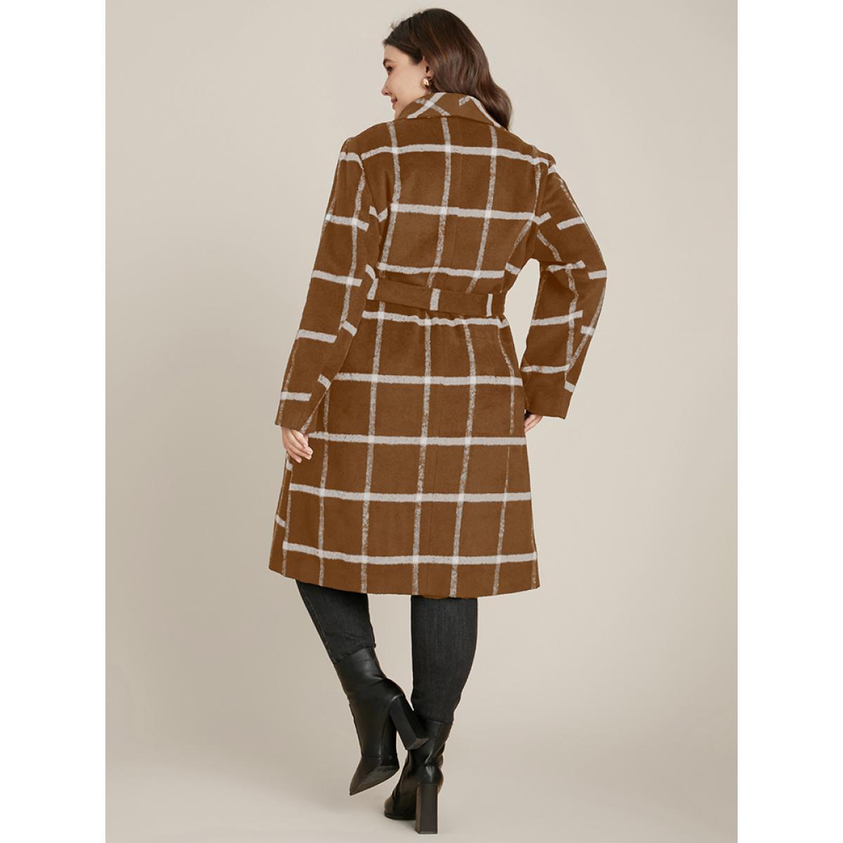 Plus Size Plaid Lapel Collar Belted Pocket Coat Women Bronze Elegant Belted Ladies Dailywear Winter Coats BloomChic 26/4X Product Image