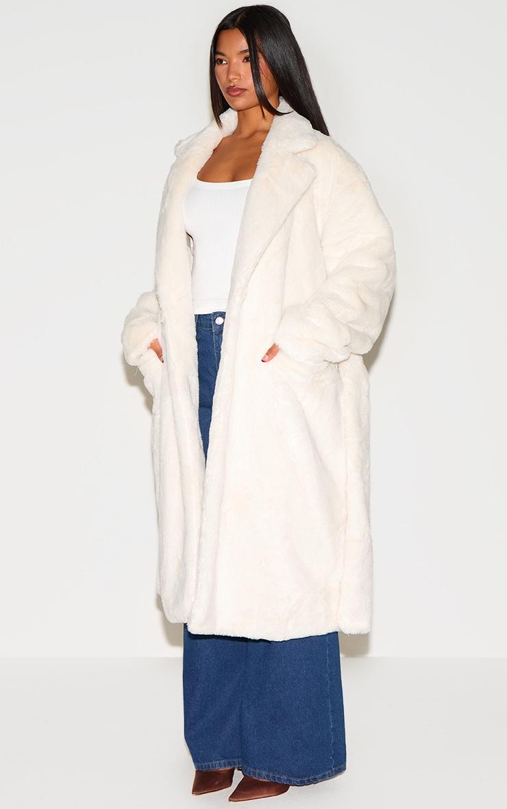 Cream Faux Fur Self Tie Oversized Coat Product Image