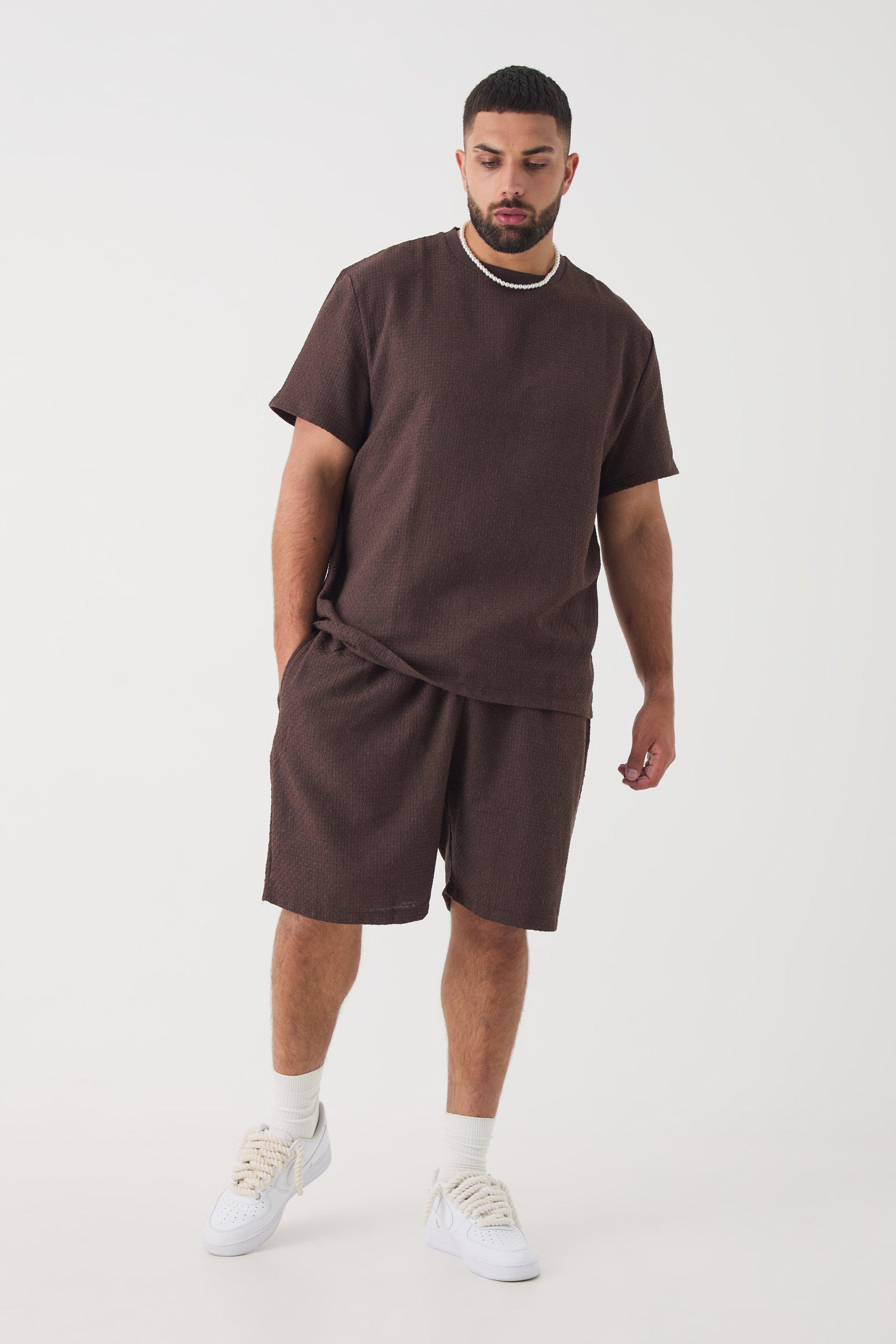 Mens Brown Plus Jacquard T-shirt & Relaxed Short Set, Brown Product Image