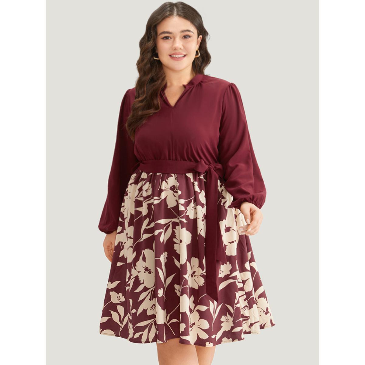Plus Size Silhouette Floral Print Belted Pleated Dress Scarlet Women Office Elastic cuffs Notched collar Long Sleeve Curvy Knee Dress BloomChic 14-16/1X Product Image