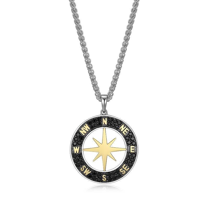 Two-Tone Sterling Silver Black Spinel Compass Pendant Mens Necklace Two Tone Product Image