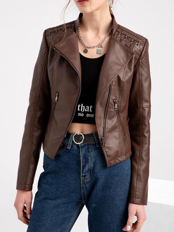 Long Sleeves Split-Joint Zipper Mock Neck PU Jackets Outerwear Product Image