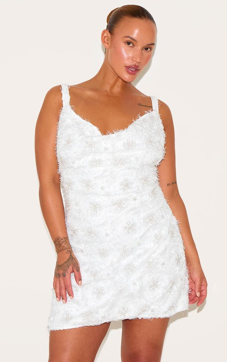 Premium Plus White Sequin Embroidered Cowl Neck Shift Dress Product Image