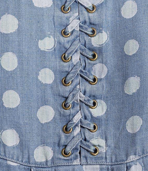 Tru Luxe Jeans Dot Printed Chambray Scoop Neck 3/4 Sleeve Lace-Up Top Product Image