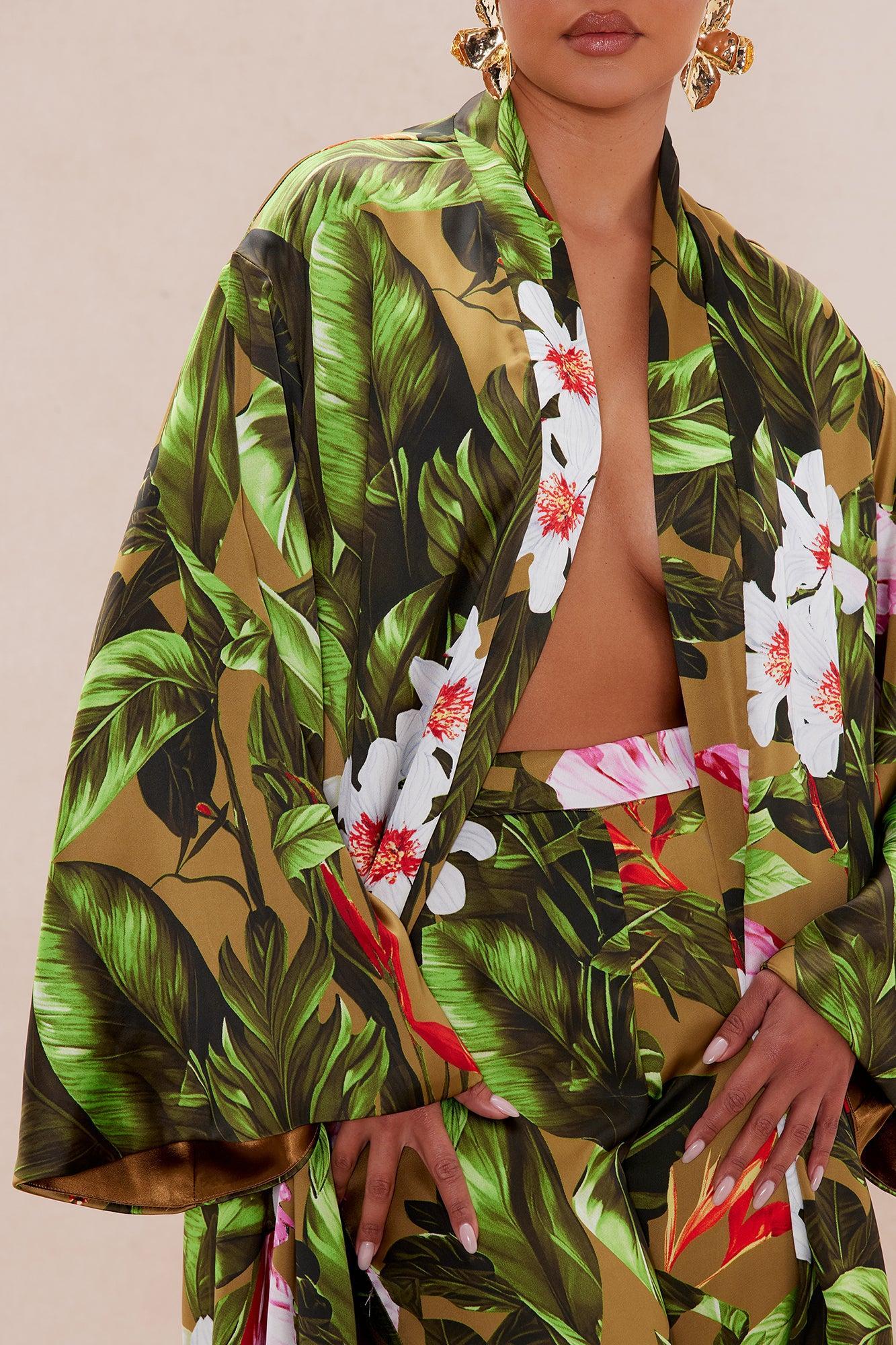 Amazonian Satin Kimono Pant Set - Green/combo Product Image