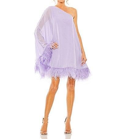 Mac Duggal One Shoulder Long Sleeve Feather Trim Shift Dress Product Image