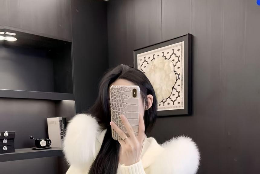 Fluffy Hooded Plain Zip Cropped Cardigan Product Image