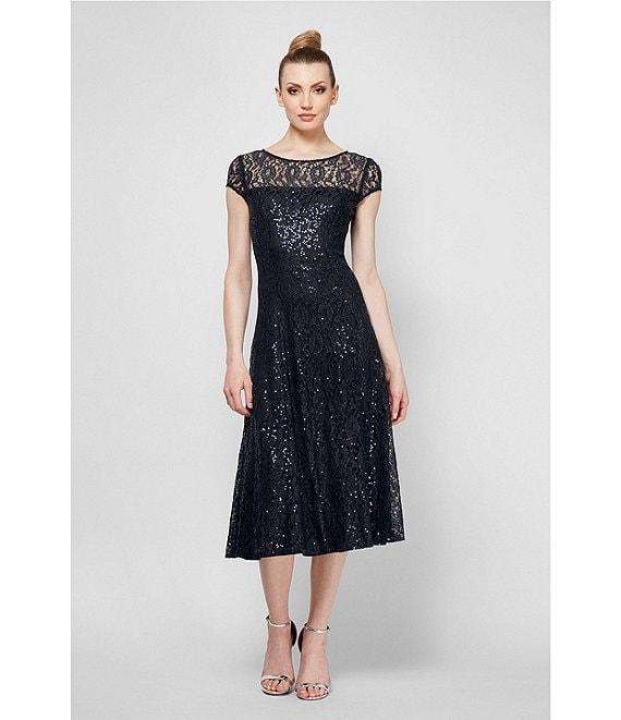 Ignite Evenings Petite Size Cap Sleeve Scoop Neck Sequin Lace A-Line Midi Dress Product Image