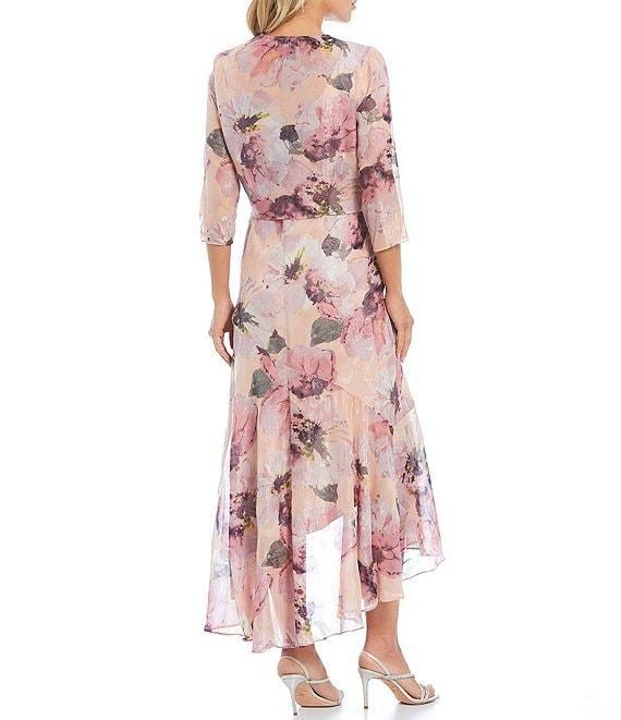 R & M Richards Floral Print Chiffon Bolero 3/4 Sleeve Asymmetrical Ruffle Hem 2-Piece Jacket Dress Product Image