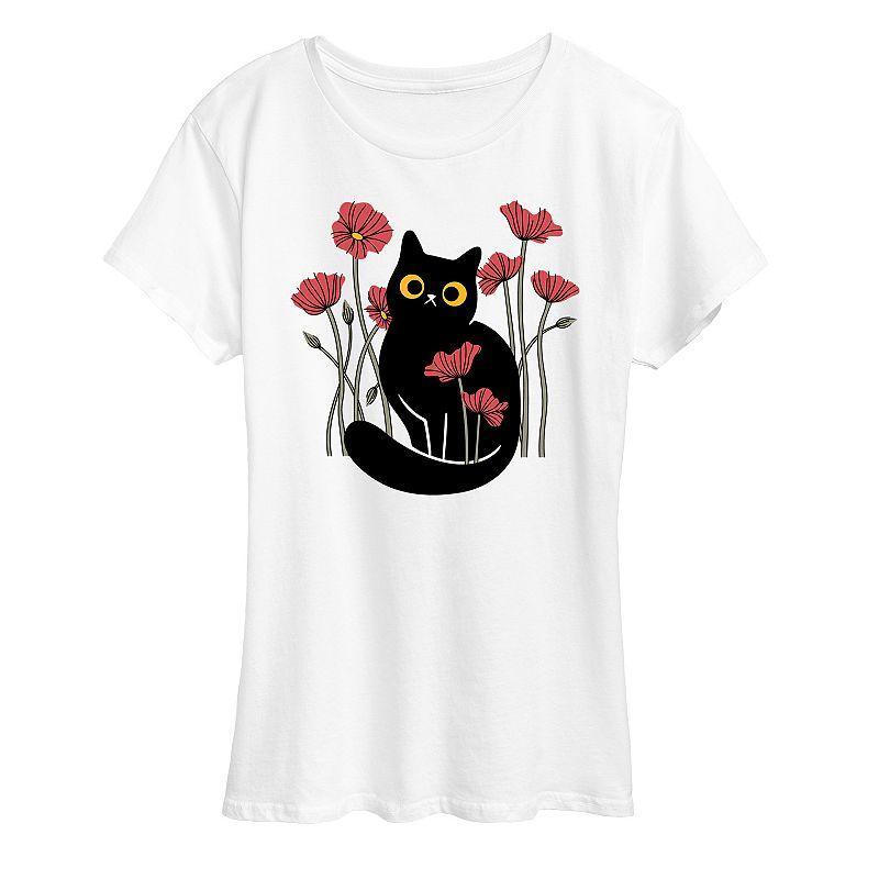 Women's Cat And Poppies Graphic Tee, Girl's, Size: Small, White Product Image