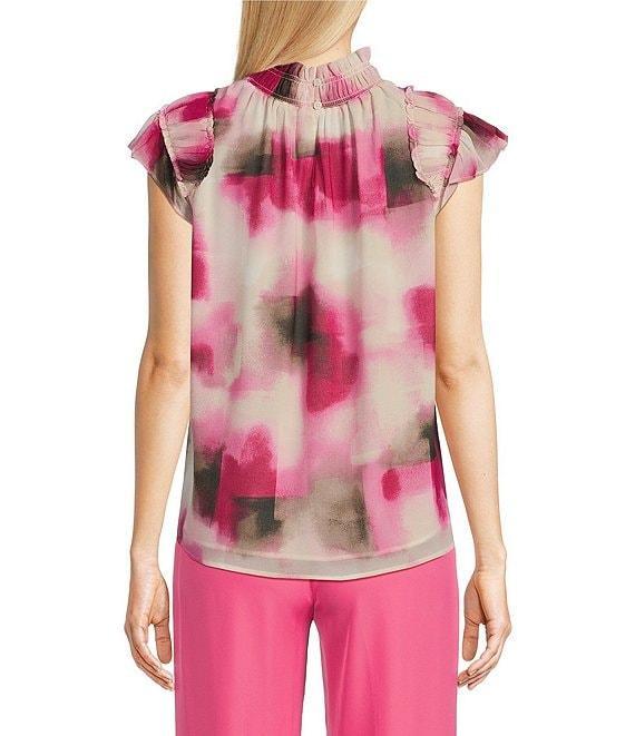 Calvin Klein Blur Print Chiffon Mock Neck Ruffle Detail Top Product Image