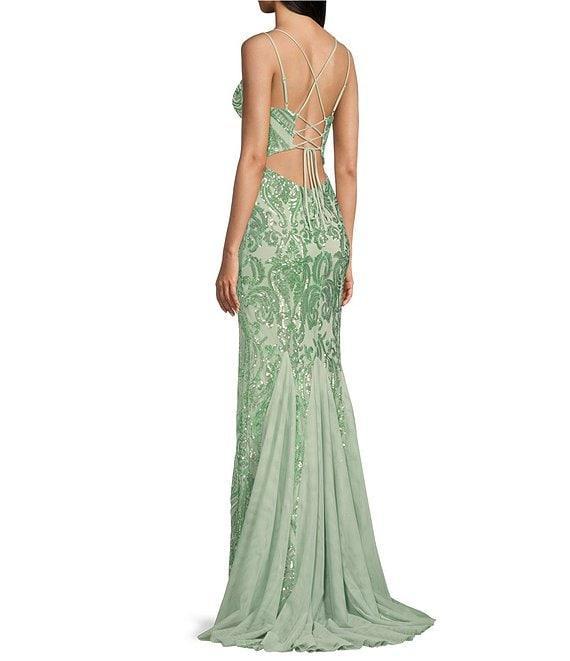 B. Darlin Double Spaghetti Strap V-Neck Lace-Up Back Sequin Dress Product Image