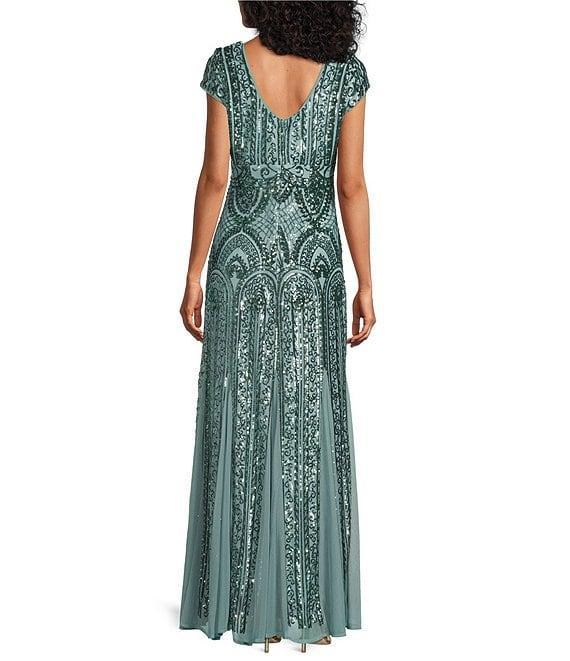 R & M Richards Cap Sleeve V-Neck Godet Insets Embroidered Sequin Dress Product Image
