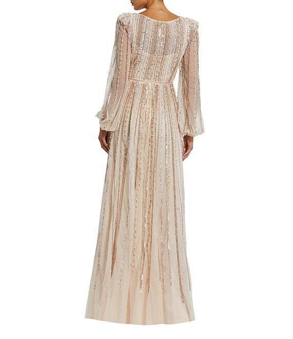 Mac Duggal Embellished Mesh Striped Beaded Boat Neck Long Sleeve Gown Product Image