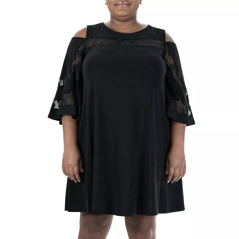 Plus Size Nina Leonard Mesh Yoke Cold-Shoulder Swing Dress, Women's, Size: 1XL, Black Product Image