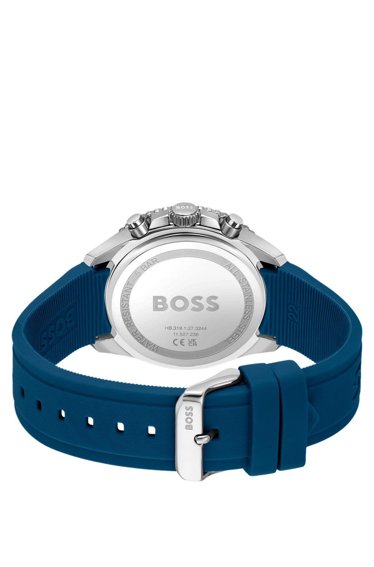 Black-dial chronograph watch with blue silicone strap Product Image