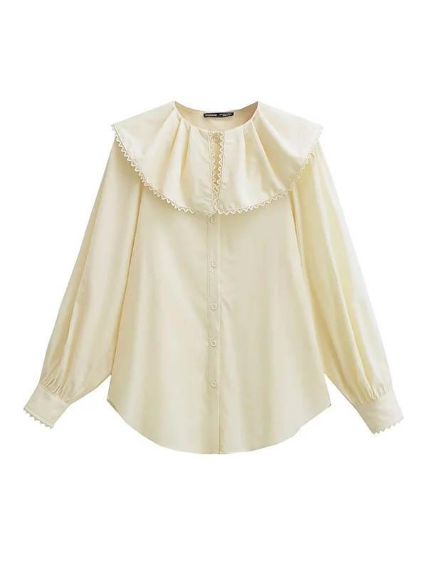 Loose Puff Sleeves Pleated See-Through Solid Color Split-Joint Peter Pan Collar Blouses&Shirts Tops Product Image