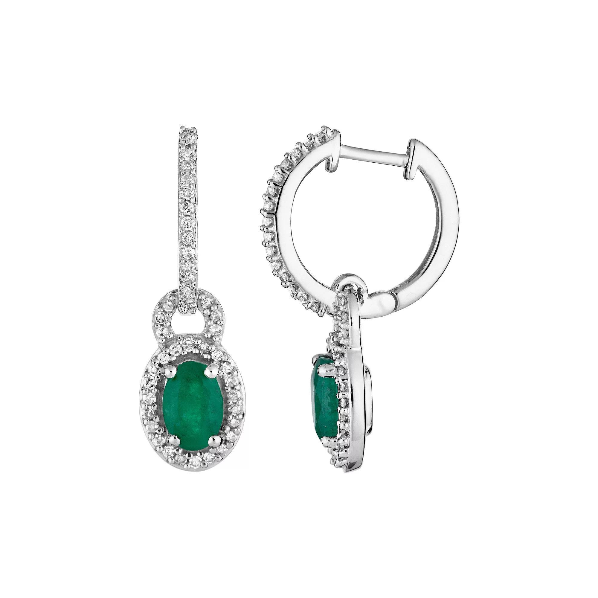 10k White Gold Emerald & 1/4 Carat T.W. Diamond Dangle Earrings, Women's, 10k Whgold Product Image