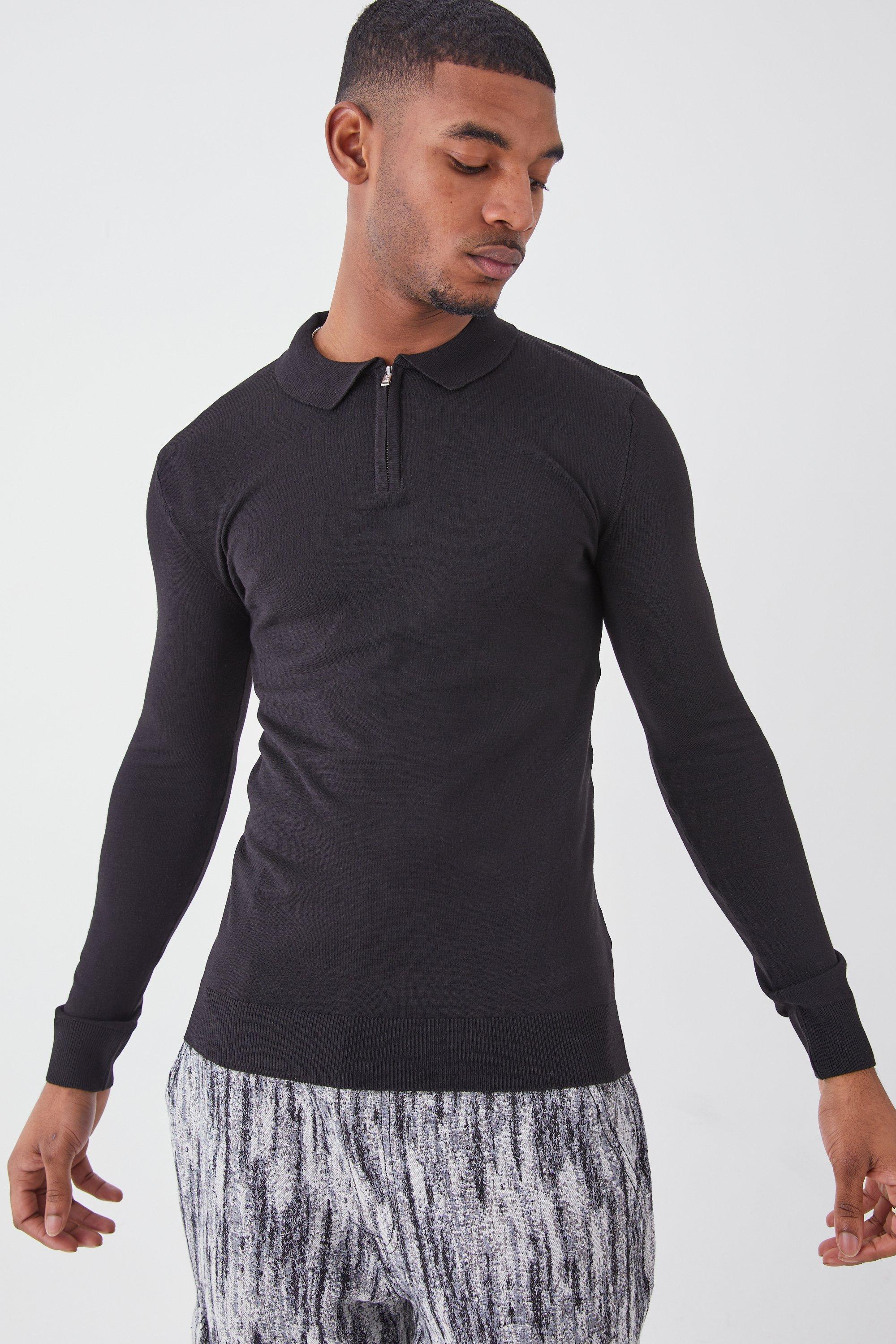 Tall Muscle Long Sleeve Half Zip Polo | boohooMAN USA Product Image