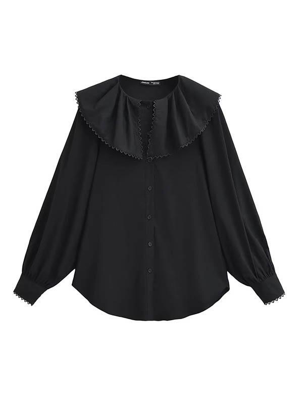 Loose Puff Sleeves Pleated See-Through Solid Color Split-Joint Peter Pan Collar Blouses&Shirts Tops Product Image