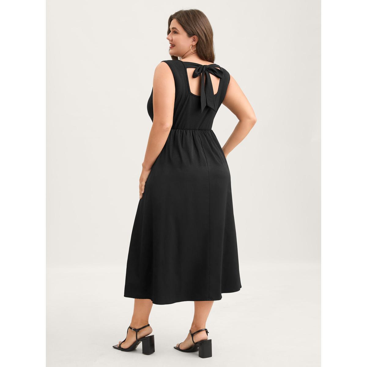 Plus Size Backless Waist-Defining Tie Midi Dress Black Women Timeless Tie knot Round Neck Sleeveless Curvy BloomChic 22-24/3X Product Image