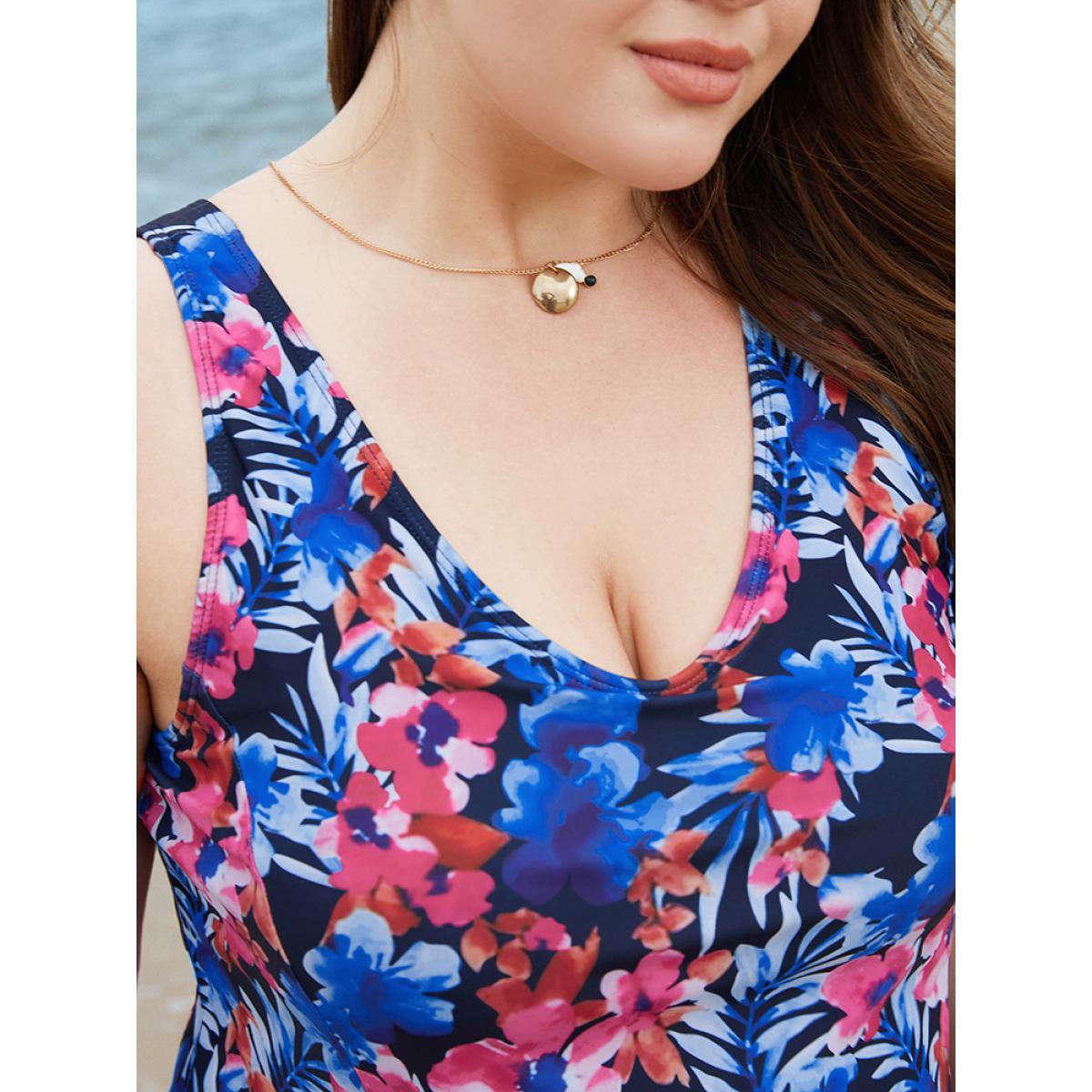Plus Size Floral Print Ruffles Sculpt Waist A Line Swim Dress Women's Swimwear BlackFlower Vacation Bodycon V-neck High stretch Curve Swim Dresses BloomChic 30/6X Product Image