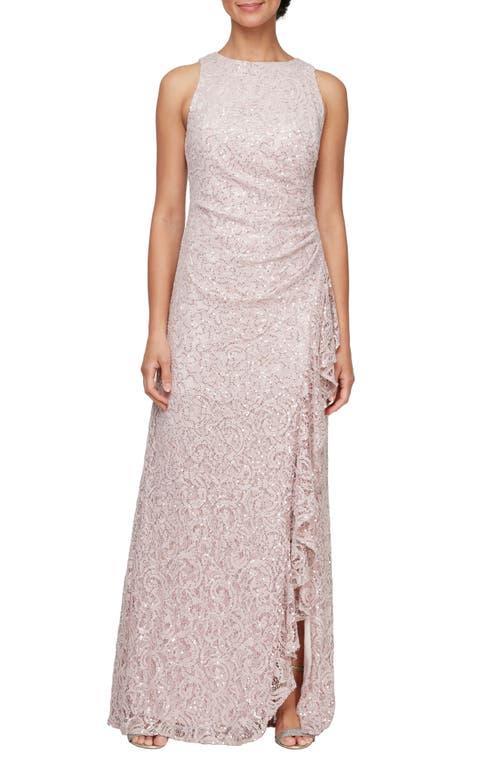 Alex Evenings Crew Neck Sleeveless Cascade Ruffle Thigh High Slit Sequin Lace Stretch Gown Product Image