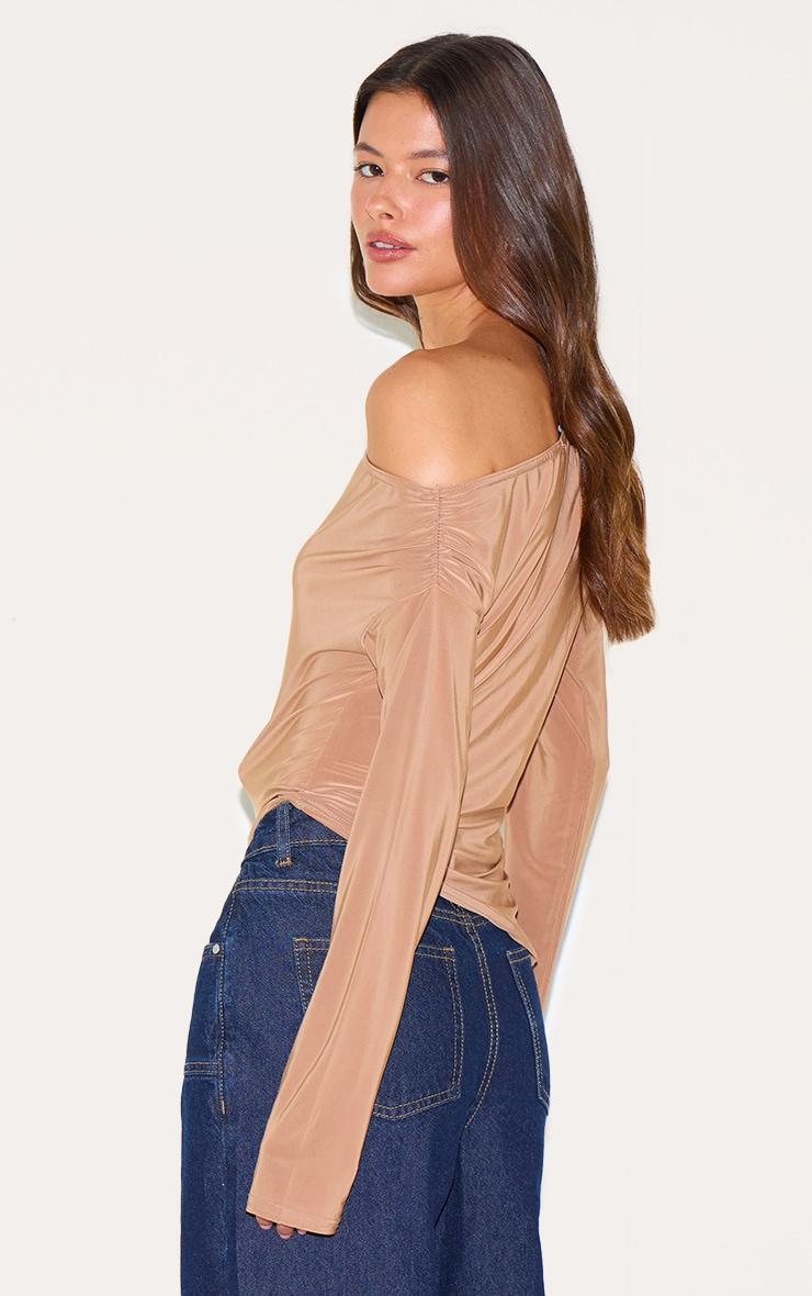 Tan Soft Touch Asymmetric Ruched Long Sleeve Top Product Image