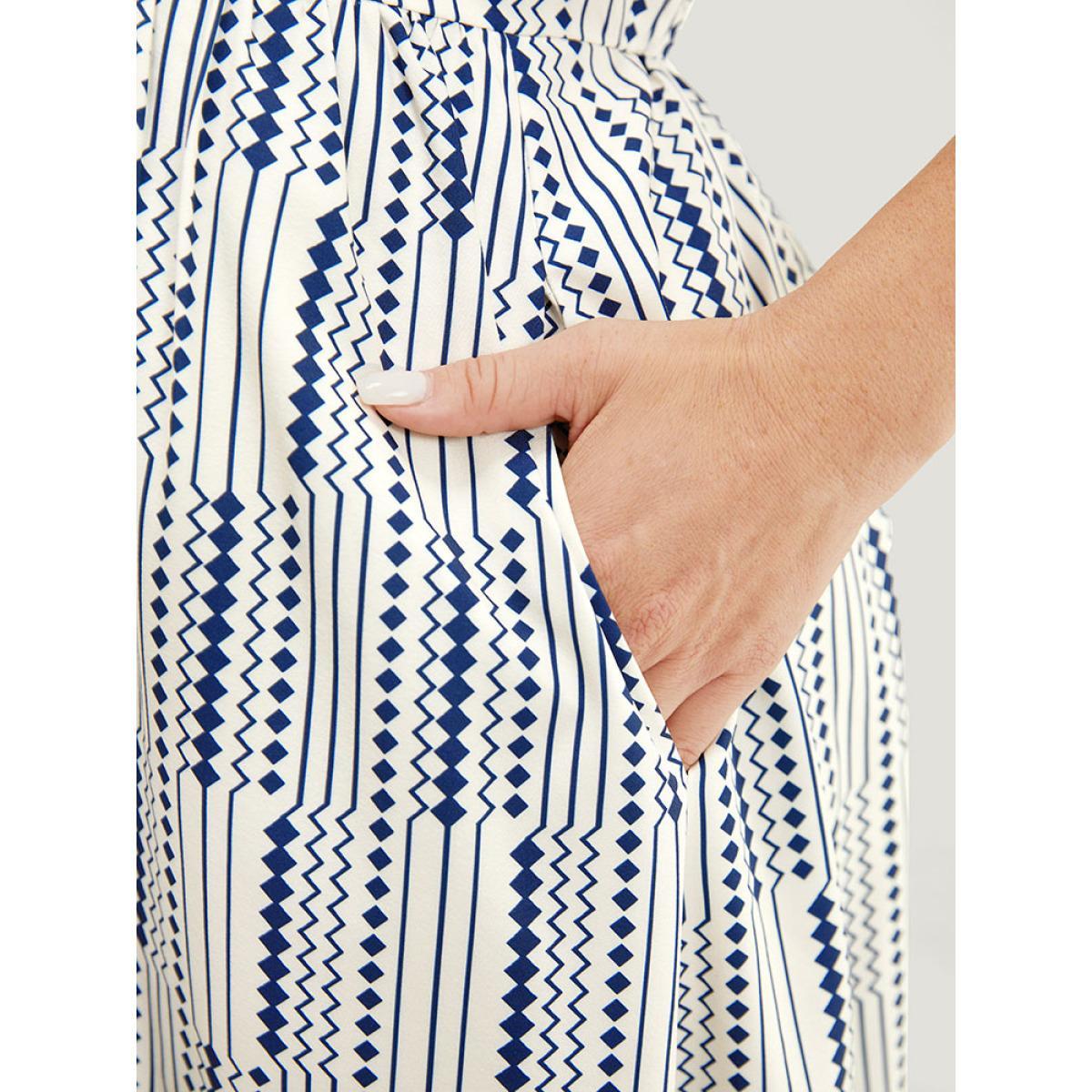 Plus Size Geometric Print Button Detail Pocket Ruffle Sleeve Dress Blue Women Elegant Elastic Waist V-neck Short sleeve Curvy Midi Dress BloomChic 10/M Product Image