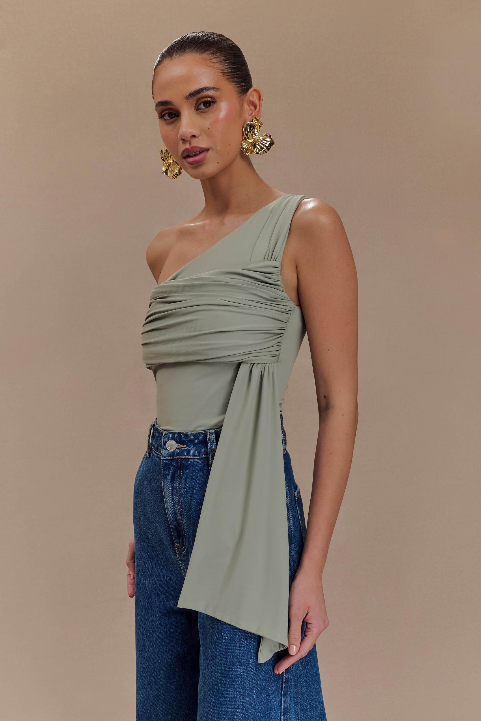 Sera One Shoulder Recycled Nylon Top With Drape - Basil Product Image