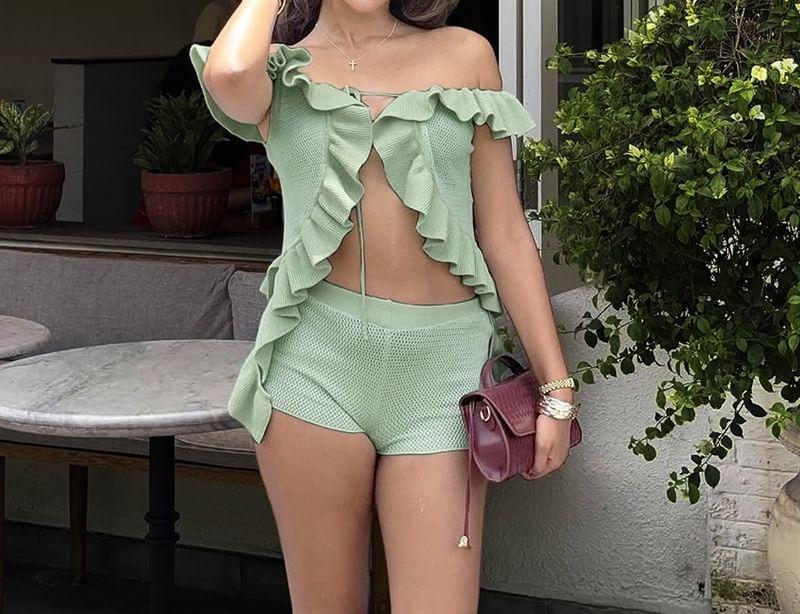 Set: Sleeveless Off Shoulder Plain Ruffle Panel Tie Front Top + High Waist Shorts Product Image