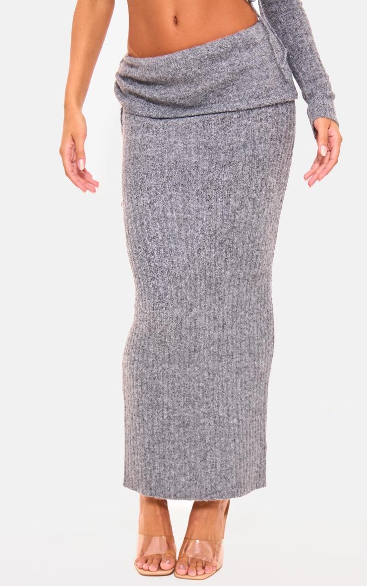 Charcoal Ribbed Knit Ruched Fold Over Maxi Skirt Product Image