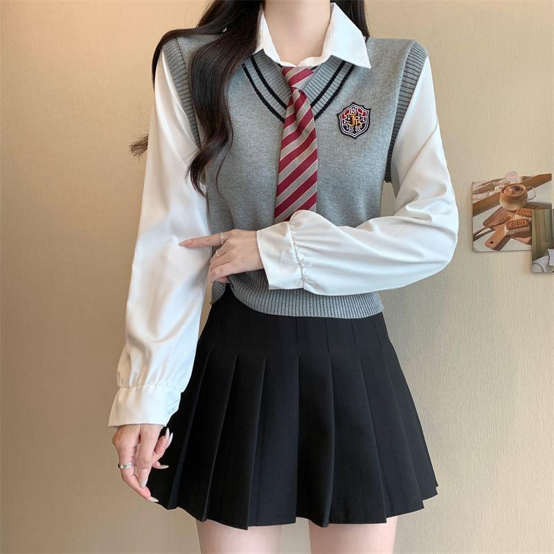 Set: Mock Two-Piece Long-Sleeve Logo Applique Knit Panel Shirt + Striped Necktie Product Image