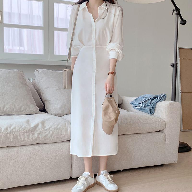 Long-Sleeve Collared Plain Midi A-Line Shirt Dress Product Image