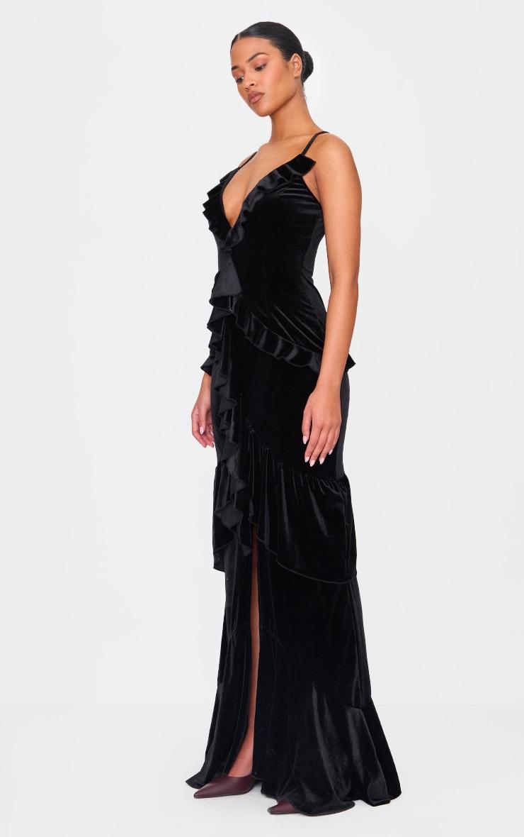 Tall Black Velvet Textured Frill Maxi Dress Product Image